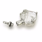 Clear faceted heart-shaped cremation pendant with silver prongs and decorative beaded arms, shown with the top bail unscrewed to reveal the ash chamber.