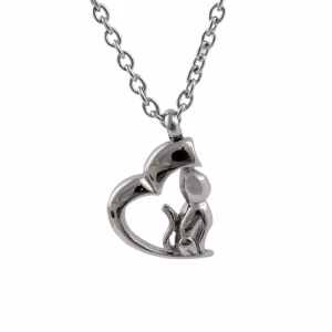 Silver cat-shaped cremation pendant inside a heart on a chain