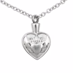 Silver Claddagh cremation necklace with heart, hands, and crown design on stainless steel pendant