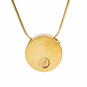 Bronze round cremation pendant shown from the back, featuring a small screw for the ash chamber on a matching gold chain.