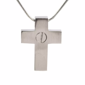 Back view of the pewter Paw Print Cross cremation necklace showing the threaded screw opening used to fill and secure a small amount of pet ashes inside