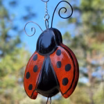 Ladybug suncatcher with cremation ash, shown from a slight angle with bright orange wings, black spots, and curled antennae's hanging against an outdoor background.