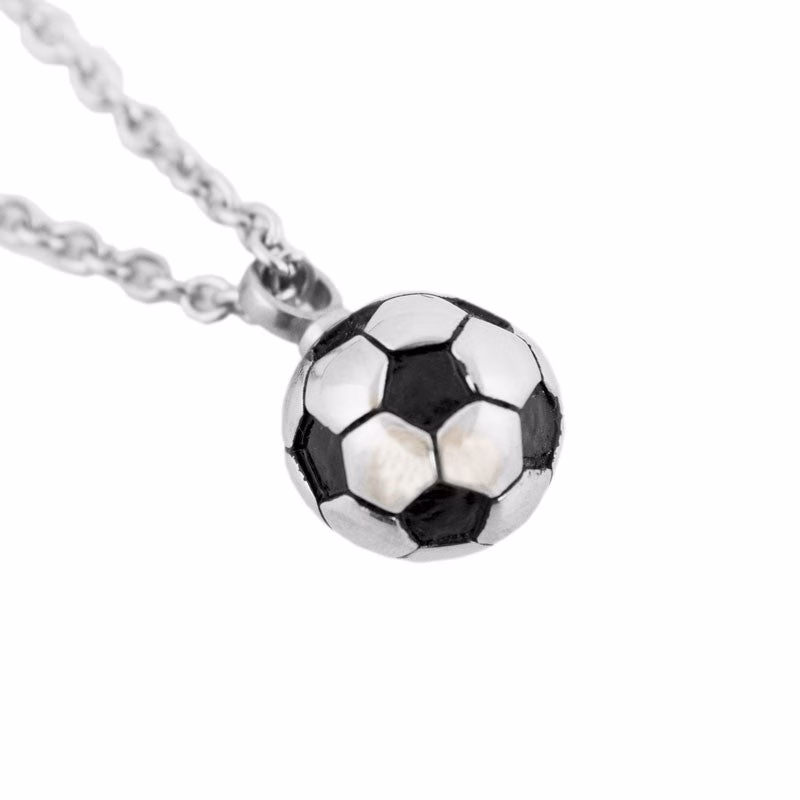 A fillable stainless steel Soccer Ball Cremation Pendant.