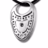 Backside of a silver Tree of Life cremation pendant featuring an intricate cutout pattern, a central gemstone, and a polished teardrop-shaped design with a top loop for a cord.