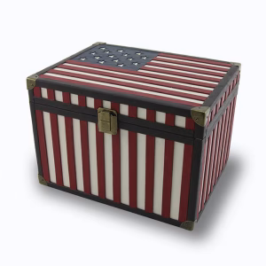 USA Flag of 1812 memory chest cremation urn featuring vertical red and white stripes on all sides, with a lid displaying the 1812-era American flag design and brass corner accents and latch.