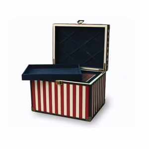 USA Flag of 1812 memory chest cremation urn featuring vertical red and white stripes with navy blue trim, shown open to display a deep blue velvet-lined interior and a removable upper tray.