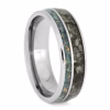 Horse hoof ring with opal inlay set in polished titanium shown at an angled view