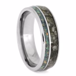 Horse hoof ring with opal inlay set in polished titanium shown at an angled view
