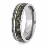 Horse hoof ring with opal inlay set in polished titanium shown at an angled view