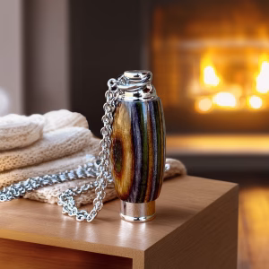 Hearthwood urn pendant with mountain camo wood grain and stainless steel core standing upright on a wooden surface with silver chain beside folded fabric and a softly lit fireplace in the background, angled view