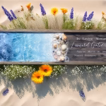 Oceanside memorial plaque with crashing blue waves and seashell shoreline, featuring an engraved tribute for Leonard Gutierrez, displayed on sand with flowers arranged around it.