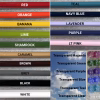 Glass color chart displaying labeled rod colors including red, orange, banana yellow, lime, shamrock green, caramel, brown, grey, black, and white alongside teal, navy blue, lavender, purple, and light pink, with transparent glass sample options shown to the right
