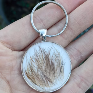 Memorial keychain featuring preserved hair or fur arranged inside a round silver bezel, shown resting in an open hand.