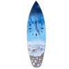 Oceanside memorial surfboard clock featuring a blue-to-white ocean wave design with seashells embedded in the sand section, handcrafted with cremation ash.