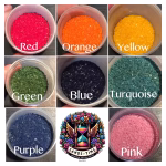 Color chart showing nine containers of crushed glass in red, orange, yellow, green, blue, turquoise, purple, and pink with the Sands of Time Memorial Art Collective logo in the center