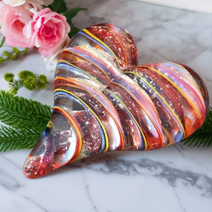 Love heart cremation paperweight made from multicolor handblown glass with flowing ribbon swirls and suspended cremation ash, displayed on a marble surface with greenery and pink flowers