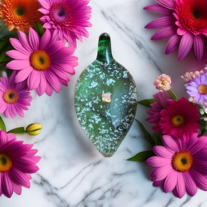 Teardrop glass cremation pendant with green transparent body, suspended opal center, and subtle ash infusion, photographed on white marble surrounded by pink and purple flowers