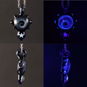 Opal Drop cremation pendant shown in studio lighting and under UV light, revealing the glowing spiral design and opal star accent on black glass