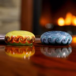 Two round glass cremation stones with raised pinwheel edging, one yellow with red swirl accents and one blue with pale swirl accents, resting on a reflective wooden surface with a softly glowing fireplace in the background
