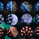 Shadow marble with cremation ash featuring layered blue, black, and red glass patterns displayed in a grid arrangement against a dark bokeh background