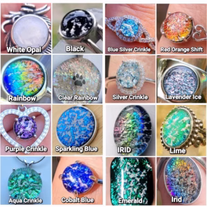 Straight-on front view of a multi-image color chart displaying various memorial glass color options in ring and pendant settings, used to help customers select a color for cremation jewelry designs.