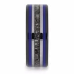 Straight-on view of black ceramic memorial ring with blue enamel pinstripes and titanium inlay band containing cremation ashes.