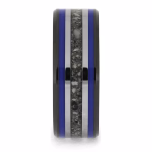 Straight-on view of black ceramic memorial ring with blue enamel pinstripes and titanium inlay band containing cremation ashes.