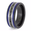 Angled side view of black ceramic memorial ring with blue enamel pinstripes and titanium inlay band containing cremation ashes.