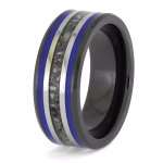 Angled side view of black ceramic memorial ring with blue enamel pinstripes and titanium inlay band containing cremation ashes.