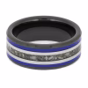 Top view of black ceramic memorial ring with blue enamel pinstripes and titanium inlay band containing cremation ashes.