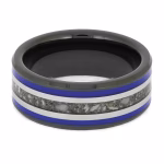 Top view of black ceramic memorial ring with blue enamel pinstripes and titanium inlay band containing cremation ashes.