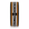 Straight-on view of black ceramic memorial ring with orange enamel pinstripes and titanium inlay band containing cremation ashes.