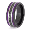 Angled view of black ceramic memorial ring with purple enamel pinstripes and titanium inlay band containing cremation ashes.