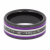 Top view of black ceramic memorial ring with purple enamel pinstripes and titanium inlay band containing cremation ashes.