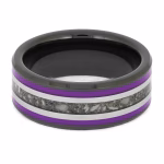 Top view of black ceramic memorial ring with purple enamel pinstripes and titanium inlay band containing cremation ashes.