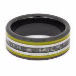 Top view of black ceramic memorial ring with yellow enamel pinstripes and titanium inlay band containing cremation ashes.