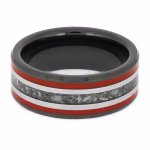 Top view of black ceramic memorial ring with red enamel pinstripes and titanium inlay band containing cremation ashes.