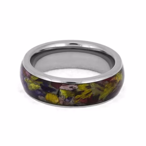 Flower Petal Ring in Titanium shown in front view with multicolored dried flower petals preserved inside the center inlay