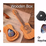 Functional Glass Guitar Pick with Cremation Ash shown with optional wooden guitar display box and black keychain pouch options
