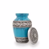 Turquoise and blue streaked keepsake urn with brushed silver floral band and matching engraved lid shown beside the urn, small memorial urn for holding a portion of cremation ashes.