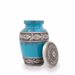 Turquoise and blue streaked keepsake urn with brushed silver floral band and matching engraved lid shown beside the urn, small memorial urn for holding a portion of cremation ashes.