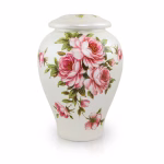 Full size white ceramic cremation urn with hand-painted pink rose bouquet floral design and matching lid.