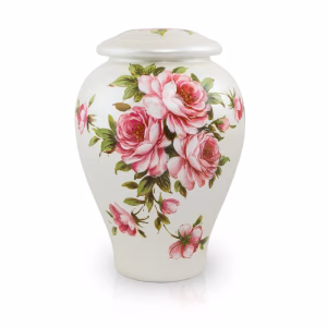 Full size white ceramic cremation urn with hand-painted pink rose bouquet floral design and matching lid.