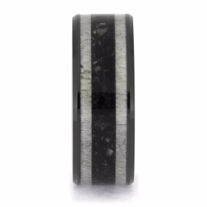 Front view of black ceramic memorial ring with antler and cremation ash inlay