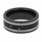 Front view of black ceramic memorial ring with antler and cremation ash inlay