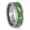Angled view of glow in the dark titanium cremation ring with luminous green inlay