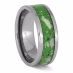 Angled view of glow in the dark titanium cremation ring with luminous green inlay