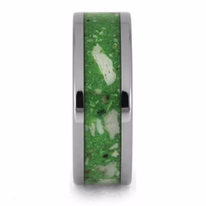 Straight-on view of glow in the dark titanium cremation ring with luminous green inlay