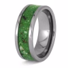 Angled view of glow in the dark titanium cremation ring with luminous green inlay