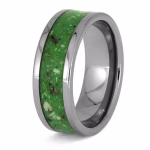 Angled view of glow in the dark titanium cremation ring with luminous green inlay